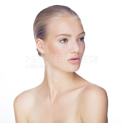 Buy stock photo Woman, thinking and beauty cosmetics in studio for white background with skincare wellness, make up or mockup space. Female person, model and face in Canada for confidence, treatment or dermatology