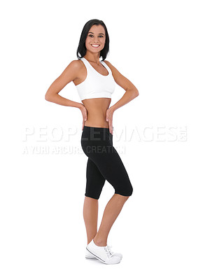 Buy stock photo Happy woman, portrait and fitness with slim body for diet, nutrition or lose weight on a white studio background. Female person or athlete with smile for workout, exercise or training on mockup space