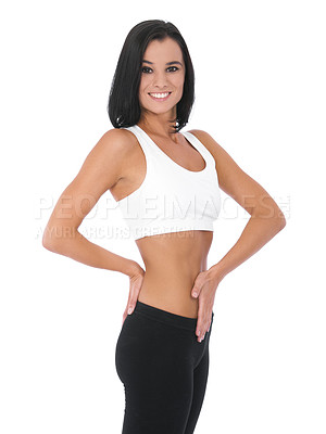 Buy stock photo A young woman posed to show off her slender stomach