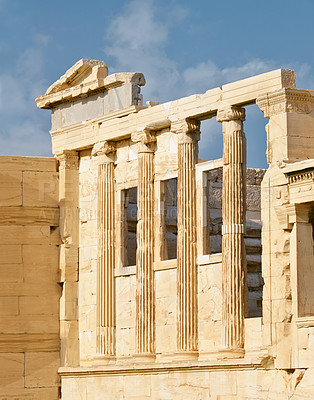 Buy stock photo Greek history, ruin or ancient pillar with keystone arch, architectural detail for tourist attraction site. Background, outdoor or stone of temple building for culture in Acropolis, Greece in city