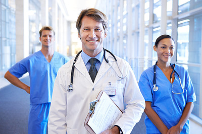 Buy stock photo Happy, teamwork and portrait of doctors in hospital for medical service, life insurance and support. Healthcare, clinic and men and women with clipboard for collaboration, consulting and medicine