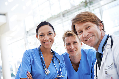 Buy stock photo Collaboration, healthcare and portrait of doctors in hospital for medical service, insurance and support. Professional nurses, clinic and happy men and women for teamwork, consulting and medicine