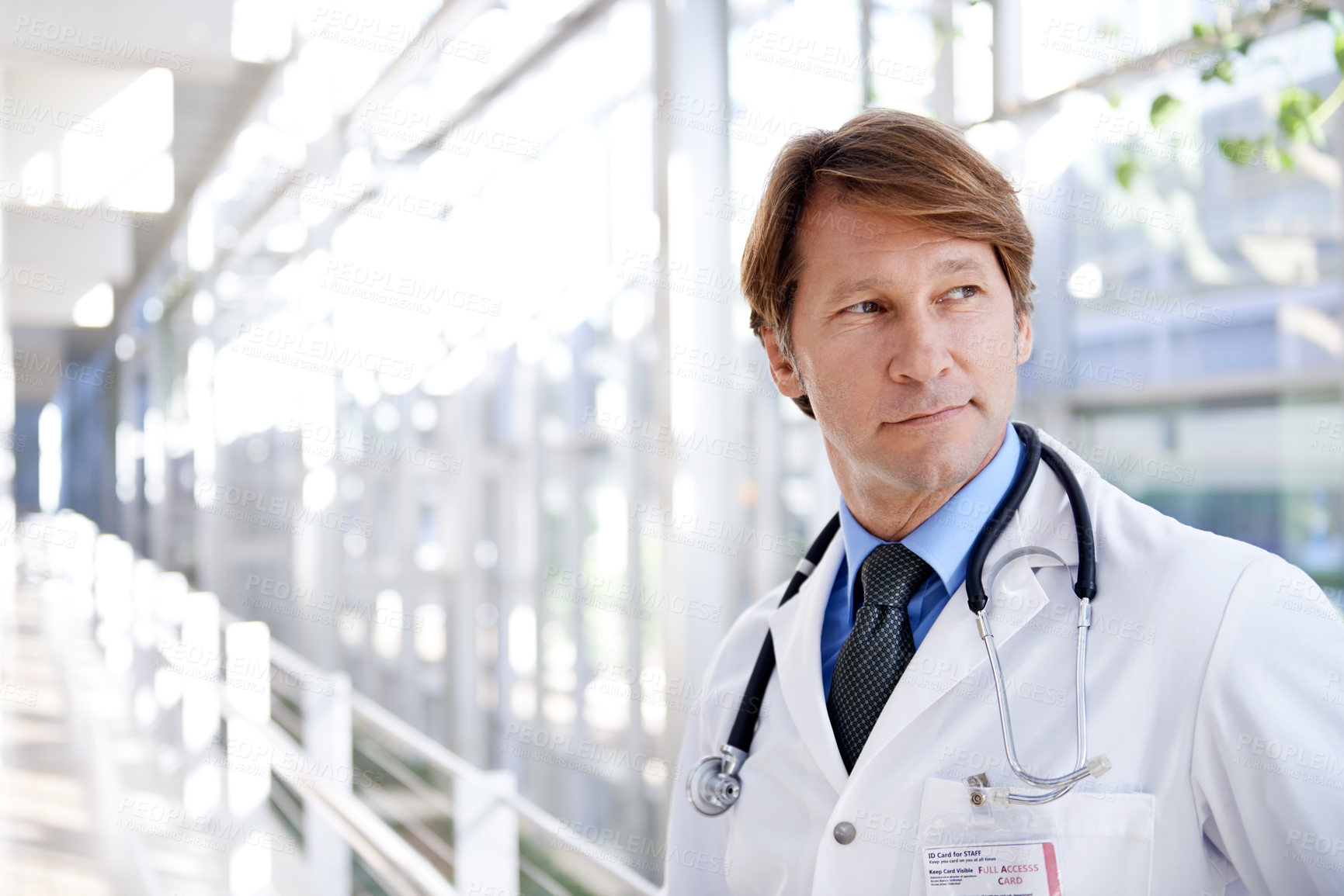 Buy stock photo Thinking, ideas and man doctor in hospital planning a medical diagnosis or treatment. Brainstorming, problem solving and professional mature male healthcare worker in medicare clinic corridor.
