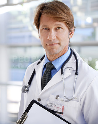 Buy stock photo Portrait, doctor and clipboard in hospital for healthcare, documents or patient records. Face, medical professional and paper for information, checklist or treatment plans for cardiology at clinic