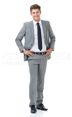 Buy stock photo Confident, white background and portrait of business man with pride, happy and corporate style for work. Professional, fashion and isolated person smile for career, job and opportunity in studio