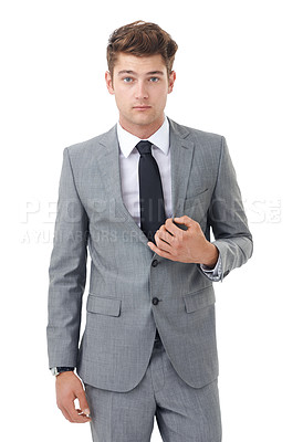 Buy stock photo Studio, portrait and young businessman with fashion suit for confident professional by white background. Lawyer, positive and face with pride in law career and corporate style for workplace in mockup