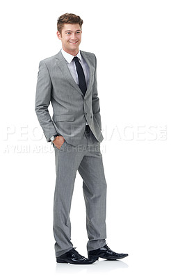 Buy stock photo Happy, white background and business man with confidence, pride and corporate style for work. Professional, fashion and full body of isolated person smile for career, job and opportunity in studio