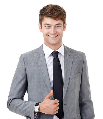 Buy stock photo Happy, white background and portrait of business man with confidence, pride and corporate style for work. Professional, fashion and isolated person smile for career, job and opportunity in studio