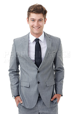 Buy stock photo Smile, white background and portrait of business man with confidence, pride and corporate style for work. Professional, fashion and isolated happy person for career, job and opportunity in studio