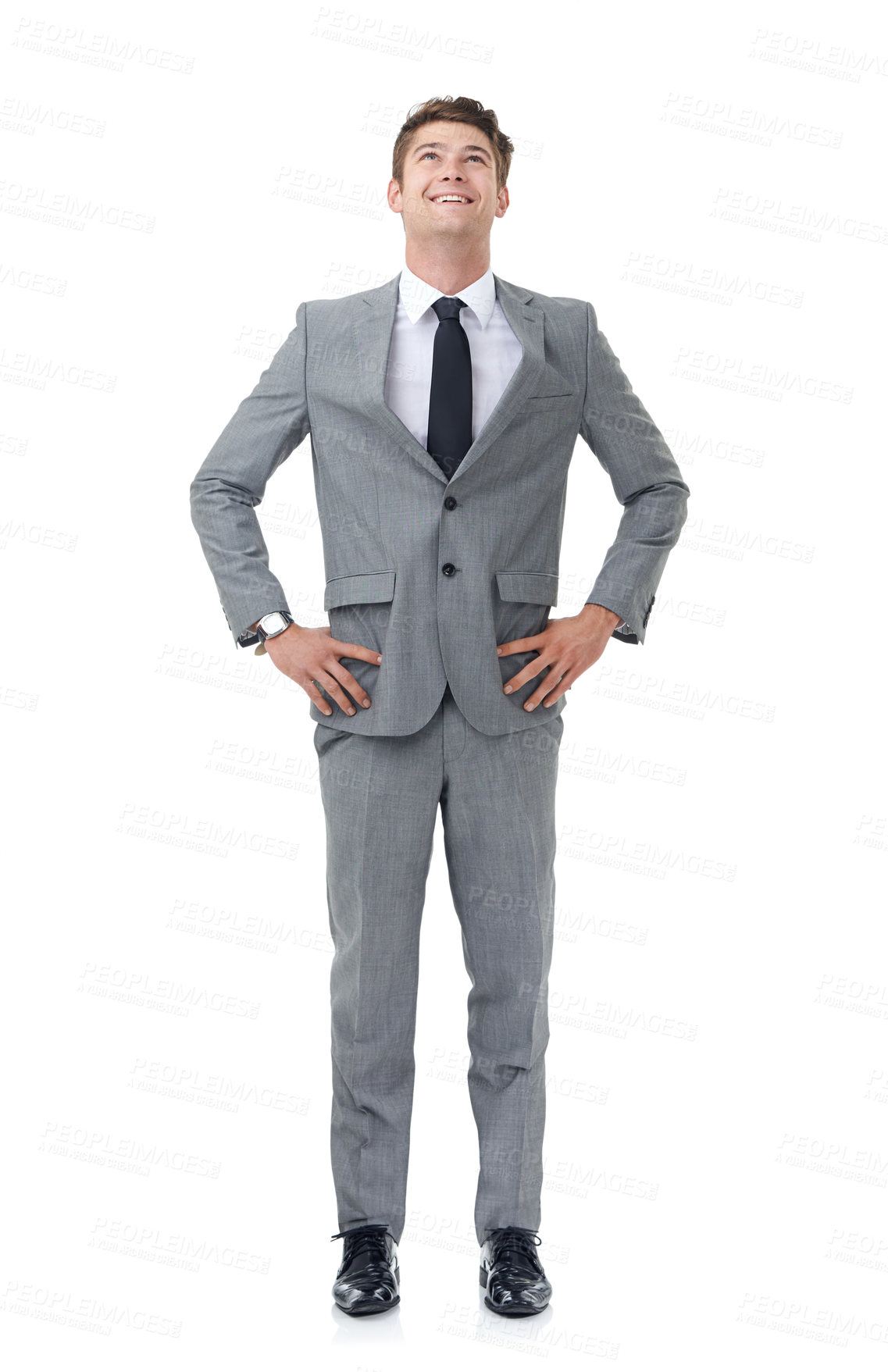 Buy stock photo Smile, thinking or vision with business man in studio isolated on white background for corporate career. Fashion, future or planning with happy young employee in professional suit for job or work