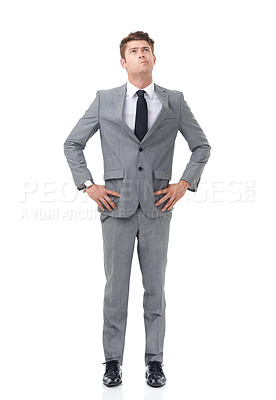 Buy stock photo Studio, choice and confused businessman thinking with ideas, brainstorming and planning for career. Problem solving, reflection and professional person with decision, inspiration and insight for job.