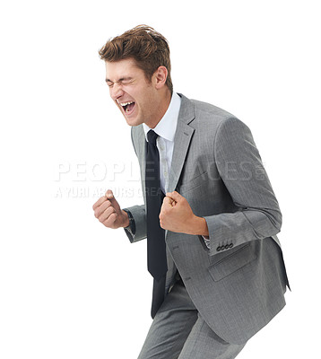 Buy stock photo Businessman, fist pump and success in studio with celebration deal and growth in company shares. Happy lawyer, professional and scream for job achievement, promotion and winner by white background