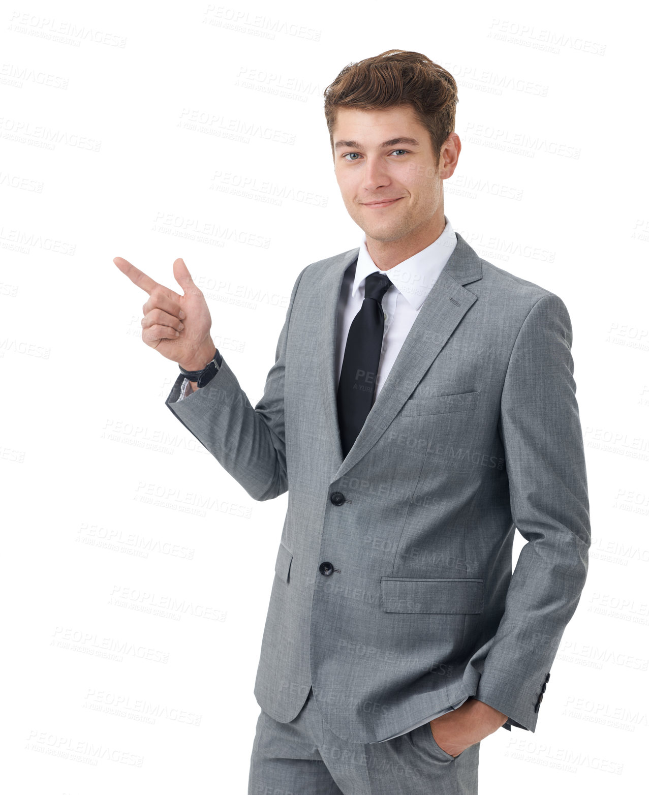 Buy stock photo Portrait, business and man with presentation, pointing and accountant isolated on white studio background. Person, model or entrepreneur with review and promotion with opportunity, smile and feedback