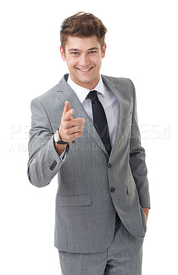 Buy stock photo Portrait, smile and pointing at you with businessman in studio isolated on white background for interview or opportunity. Vote, decision and confident employee in suit for human resources recruitment