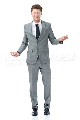 Buy stock photo Studio, business and portrait of man with presentation, smile  and mockup for opinion, choice or decision. Announcement, opportunity or promotion with businessman showing space on white background
