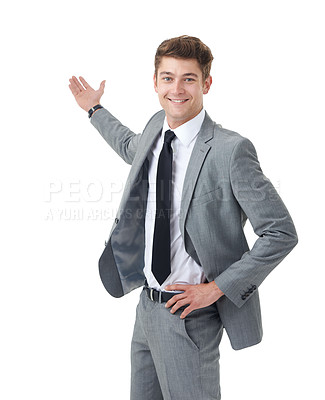 Buy stock photo Portrait, business and man with promotion, showing or consultant isolated on white studio background. Person, model or entrepreneur with announcement or promotion with opportunity, feedback or choice