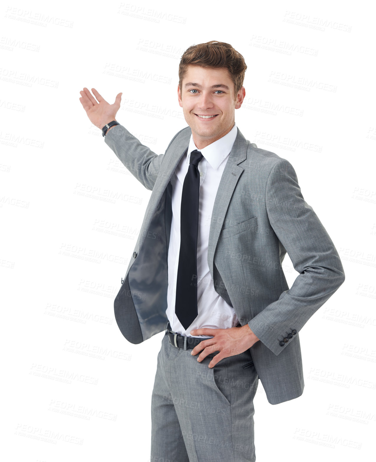 Buy stock photo Portrait, business and man with promotion, showing or consultant isolated on white studio background. Person, model or entrepreneur with announcement or promotion with opportunity, feedback or choice