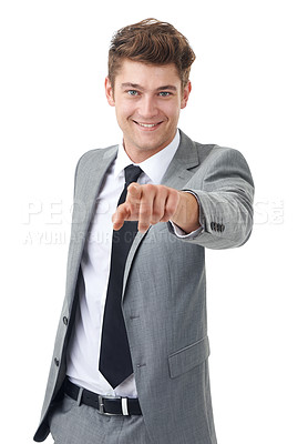 Buy stock photo Studio, portrait and businessman with hands pointing, decision and mock up for recruitment by white background. Manager, face and human resources with hiring or onboarding and invitation or job offer