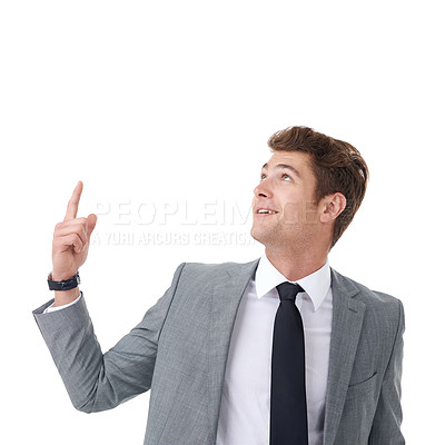 Buy stock photo Studio, business and man in presentation pointing up at mockup for growth advice, choice or decision. Announcement, job opportunity or promotion offer, businessman showing space and white background