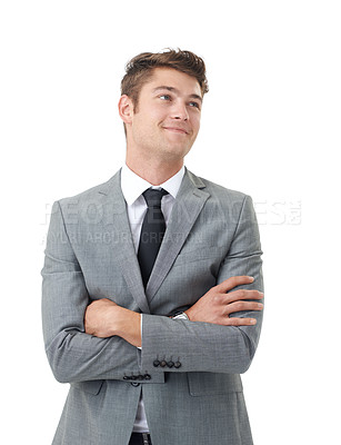 Buy stock photo Studio, thinking and businessman with idea, arms crossed and inspiration at law firm with smile. Attorney, lawyer or happy man with reflection, confidence and insight for planning on white background