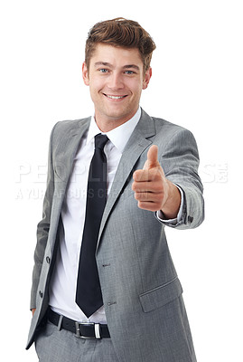 Buy stock photo Portrait, smile and thumbs up with business man in studio isolated on white background for success. Thank you, winner or support and happy young employee with emoji hand gesture for motivation
