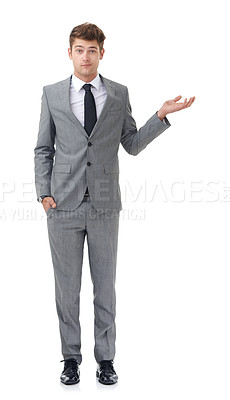 Buy stock photo Studio, portrait and confused businessman in presentation offer for opinion, choice or decision. Announcement, opportunity or business promotion with man showing mockup space on white background.