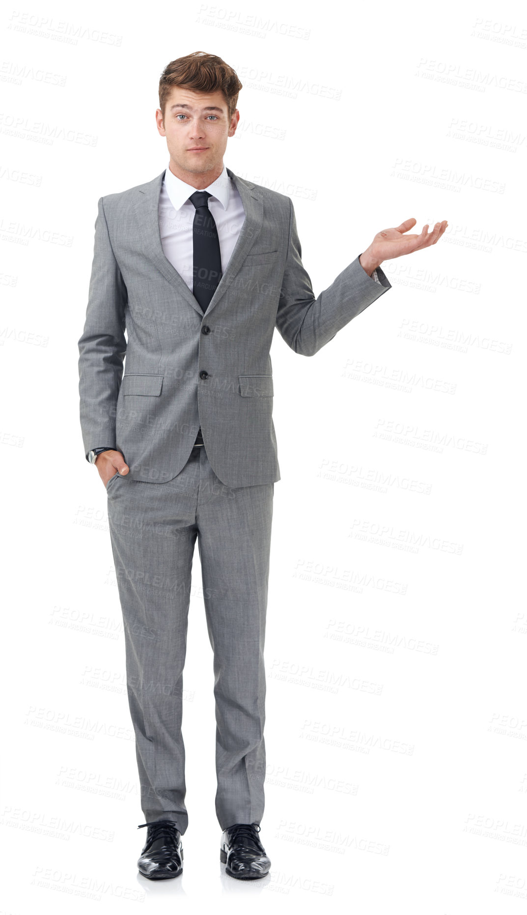 Buy stock photo Studio, portrait and confused businessman in presentation offer for opinion, choice or decision. Announcement, opportunity or business promotion with man showing mockup space on white background.