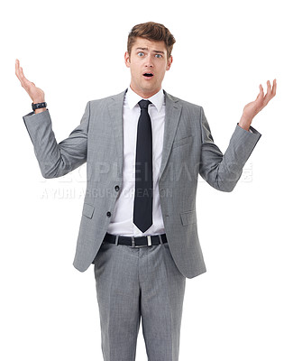 Buy stock photo Studio, portrait or businessman confused for choice or company decision by white background. Entrepreneur, doubt or face for question in start up, frustrated or problem solving in small business