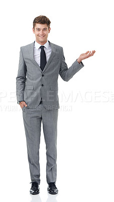 Buy stock photo Studio, business and portrait of happy man with presentation, smile and mockup for offer, choice or decision. Announcement, opportunity or promotion with businessman showing space on white background