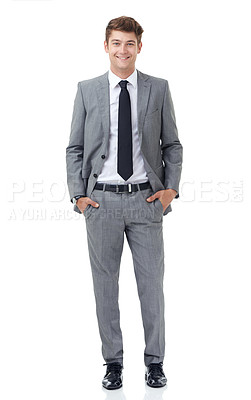 Buy stock photo Studio, portrait or young businessman with happiness for career or confident professional by white background. Lawyer, positive or face with pride for law job or corporate fashion for work in mockup