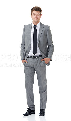 Buy stock photo Studio, portrait or young businessman with ambition in career or professional attorney by white background. Lawyer, positive or face with pride for law job, mock up or hands in pocket of fashion suit