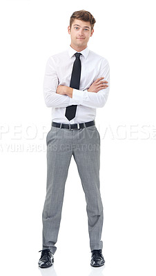 Buy stock photo Studio, portrait and businessman for positive with arms crossed and ambition in career by white background. Professional, entrepreneur and confident face in mock up,  and mission in small business