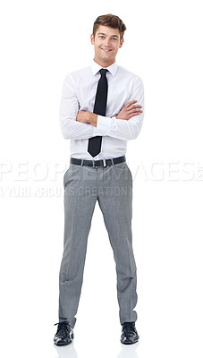 Buy stock photo Studio, portrait and young businessman with arms crossed for confident professional by white background. Lawyer, positive and face with pride in law career and corporate fashion for work in mockup