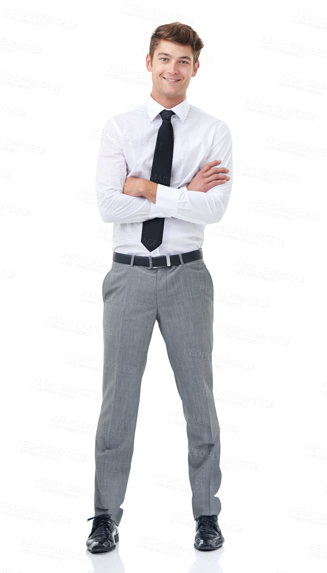 Buy stock photo Studio, portrait and young businessman with arms crossed for confident professional by white background. Lawyer, positive and face with pride in law career and corporate fashion for work in mockup