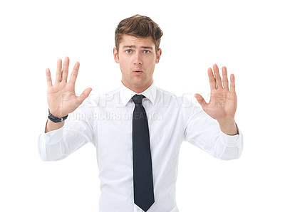 Buy stock photo Portrait, business and man with warning, hands up and employee isolated on a white studio background. Face, person and consultant with hand gesture and stop with sign language and reject with review