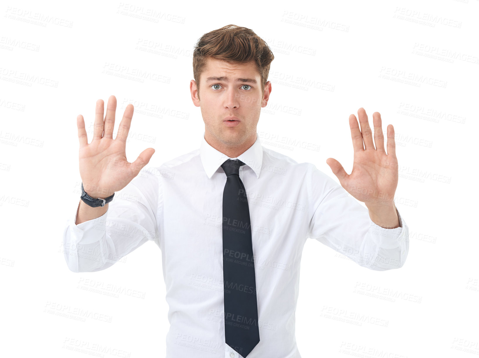 Buy stock photo Portrait, business and man with warning, hands up and employee isolated on a white studio background. Face, person and consultant with hand gesture and stop with sign language and reject with review