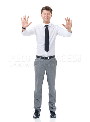 Buy stock photo Portrait, business and man with opportunity, hands up and consultant isolated on a white studio background. Face, person and employee with hand gesture and smile with professional, review and welcome