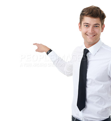 Buy stock photo Portrait, business and man with promotion, pointing and person isolated on white studio background. Face, model or entrepreneur with review and announcement with opportunity, feedback and information