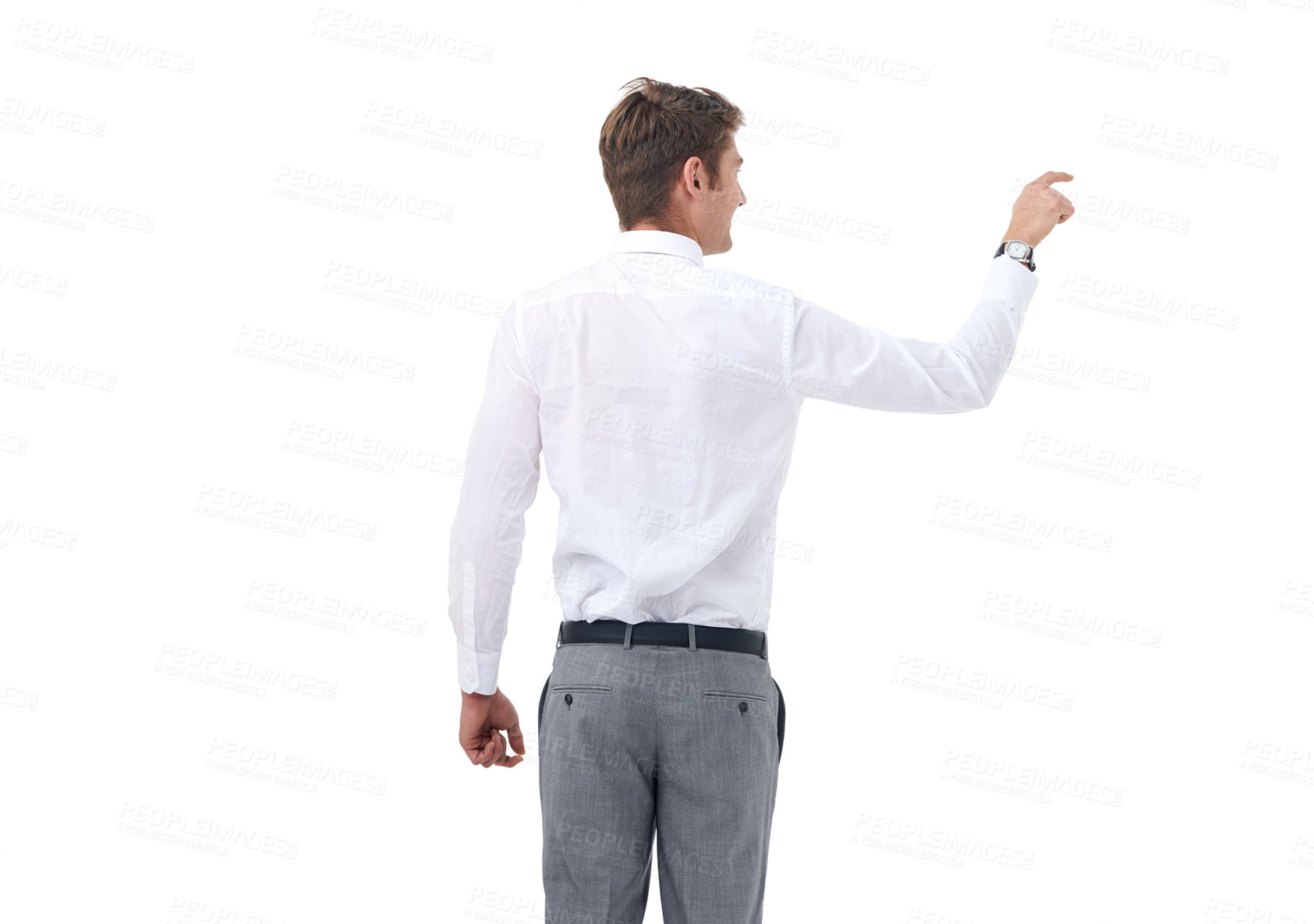 Buy stock photo Future, dashboard and interface with businessman user in studio isolated on white background from back. Corporate, internet or software and employee touching space to access online information