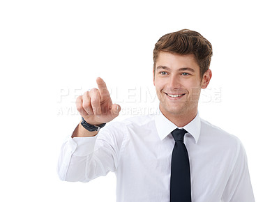 Buy stock photo Smile, finger and pointing with business man in studio isolated on white background for interface access. Future, cybersecurity or biometrics and hand of happy young employee at work as web user