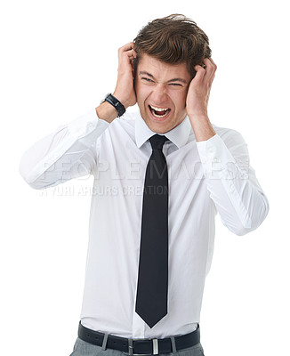 Buy stock photo Studio, angry and young businessman for frustrated in mockup and office worker with stress in job. Attorney, migraine and crazy with law career or burnout, noise and mental health by white background