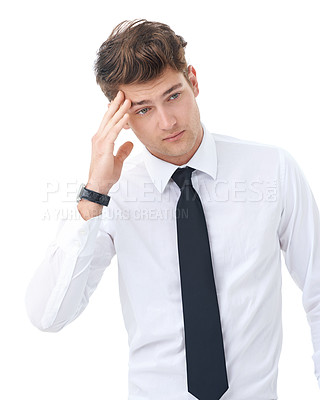 Buy stock photo Studio, headache and young businessman frustrated on mockup and professional with migraine. Attorney, mistake or fatigue with burnout for law career, work or legal case fail by white background