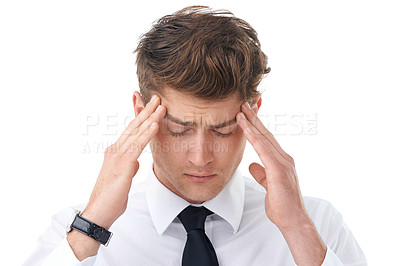 Buy stock photo Businessman, hands and temple headache or stress in studio as corporate lawyer or burnout, fatigue or migraine. Male person, pain and tension on white background for overtime, vertigo or mockup space