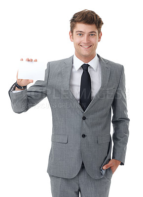 Buy stock photo Portrait, business and man with a poster, smile and consultant isolated on a white studio background. Face, promotion or model with blank card and mockup space with feedback, option and announcement