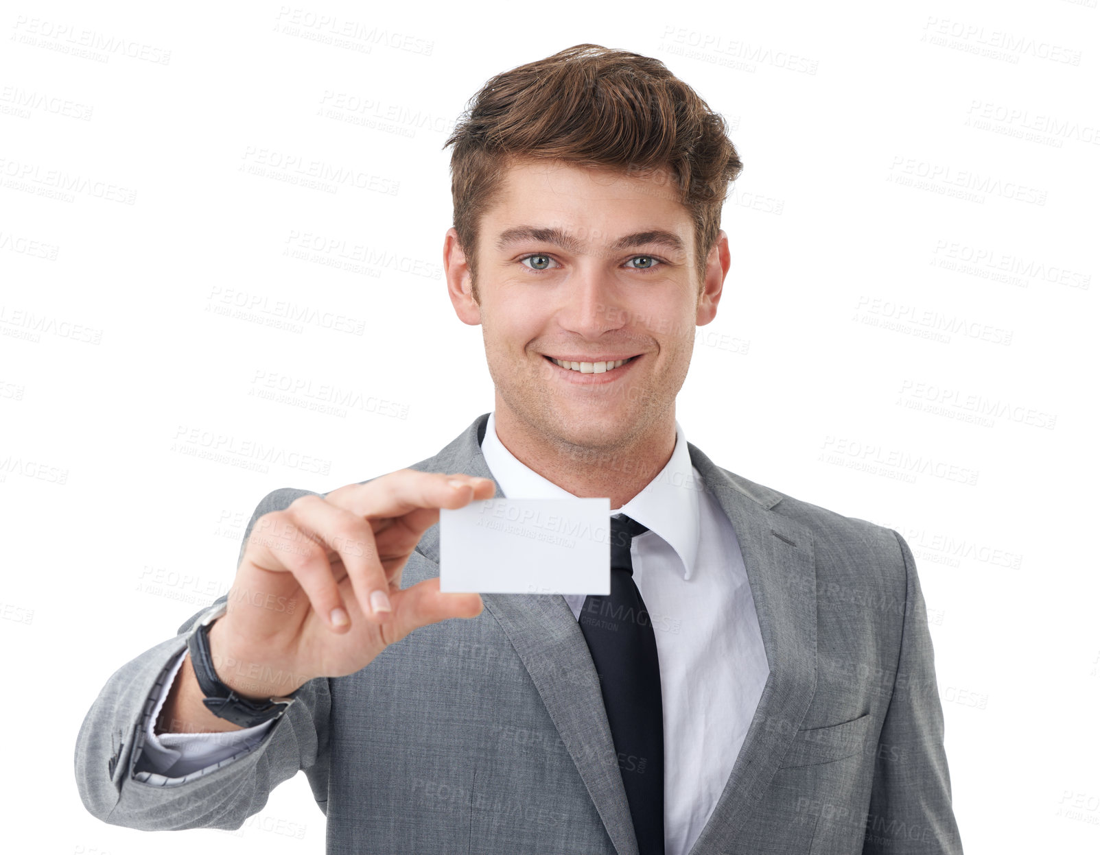 Buy stock photo Smile, portrait and businessman with blank card in studio with mockup for marketing. Happy, confident and professional male person with open space paper for advertising isolated by white background.