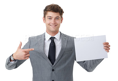 Buy stock photo Portrait, business and man with a poster, pointing and employee isolated on a white studio background. Face, promotion or model with blank card and mockup space with feedback, review and announcement