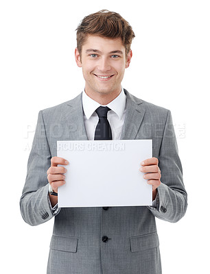 Buy stock photo Businessman, studio and portrait with billboard sign or marketing placard for company brand by white background. Entrepreneur, face and happy by banner for advertisement and poster mockup for message