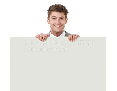 Buy stock photo Businessman, studio and portrait with billboard for marketing information and company brand by white background. Entrepreneur, face and happy by banner for advertisement and poster mockup for message