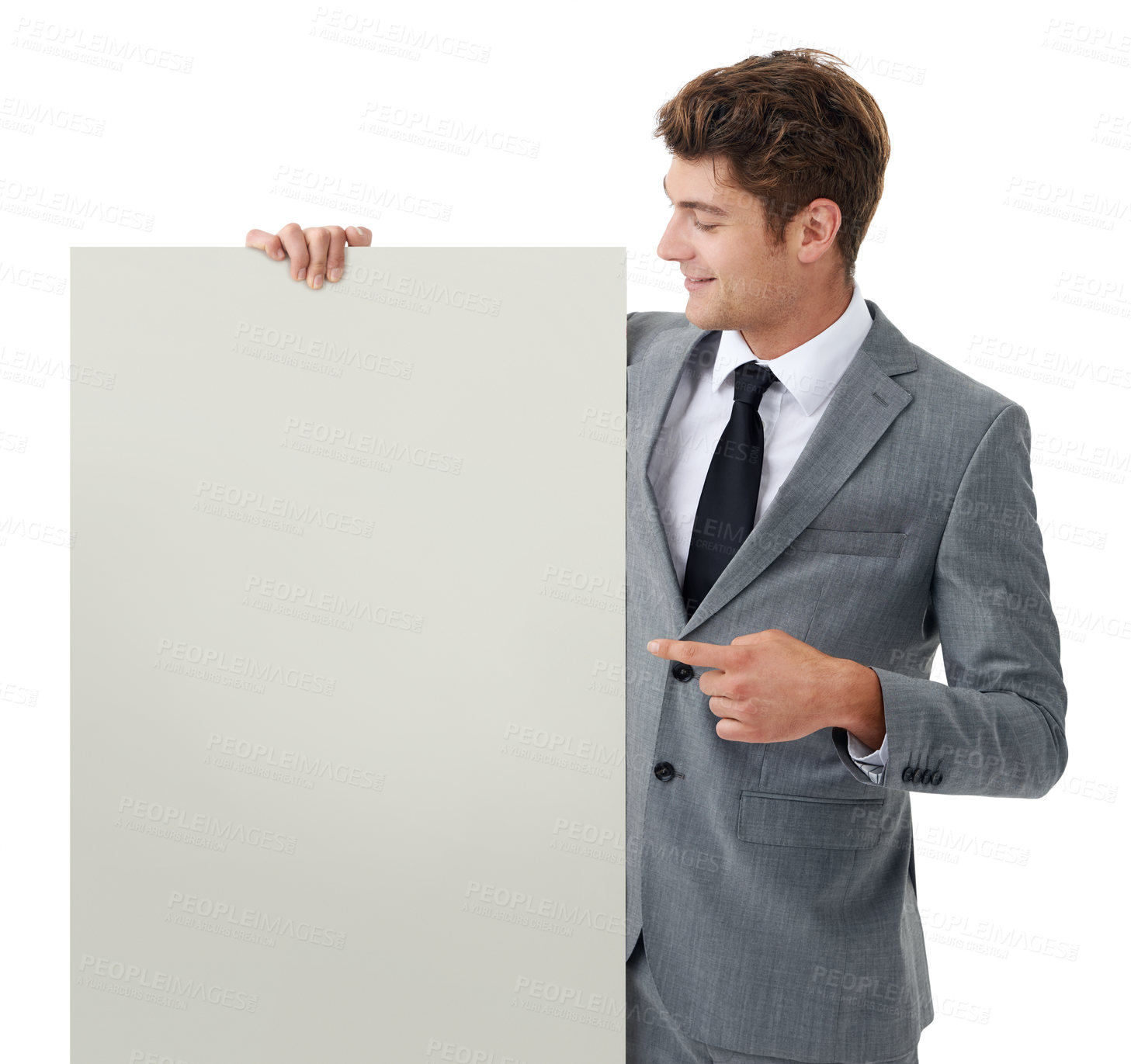 Buy stock photo Feedback, business and man with a poster, pointing and employee isolated on a white studio background. Professional, promotion or model with blank card and mockup space with review and announcement