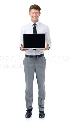 Buy stock photo Portrait, smile and laptop with business man in studio isolated on white background for information. Computer, technology and display with happy young IT professional for maintenance or repair